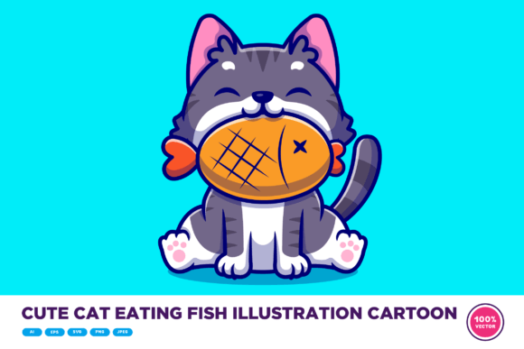Download Cute Cat Eating Fish Illustration - Fish Collection