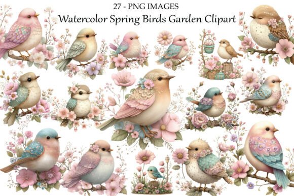 Download Watercolour Spring Birds Garden Clipart - Spring birds Collection