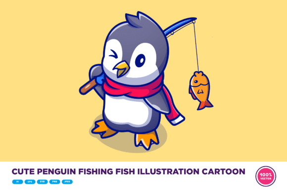 Download Cute Penguin Fishing Fish Illustration - Fish Collection